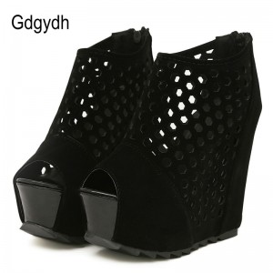 Gdgydh Zipper Platform Wedges Shoes For Women Flock Spring Ladies Party Shoes Fashion Summer Peep Toe Pumps Women Hollow Out